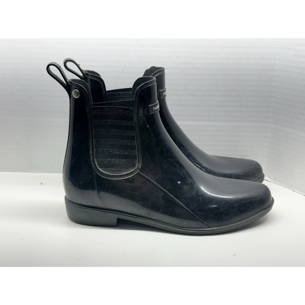 Nautica Women's Sz 10 Black Glossy‎ Rubber W/ Glitter Accents Ankle Rain Boots